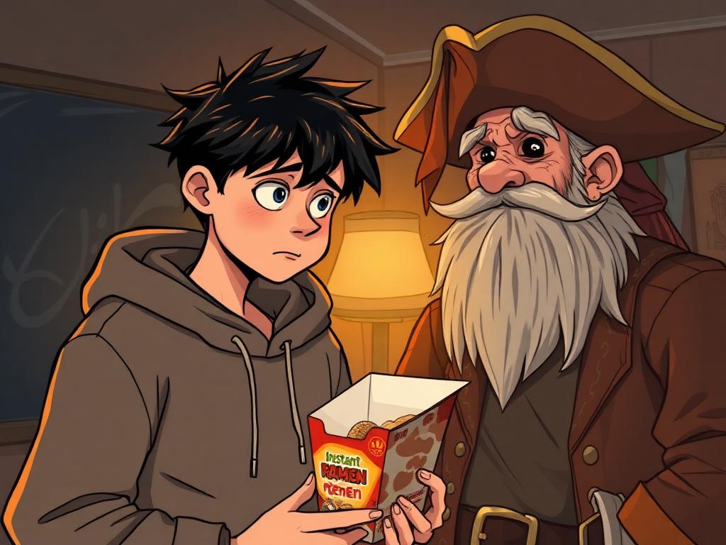 Sad teen with empty ramen packet next to a pirate with missing teeth